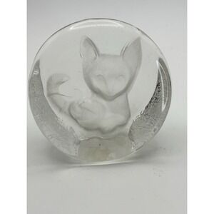 Vtg Zajecar Fox Cat Crystal Yugoslavia Paperweight Etched Relief  Decor